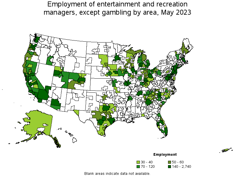 Map of employment of entertainment and recreation managers, except gambling by area, May 2022