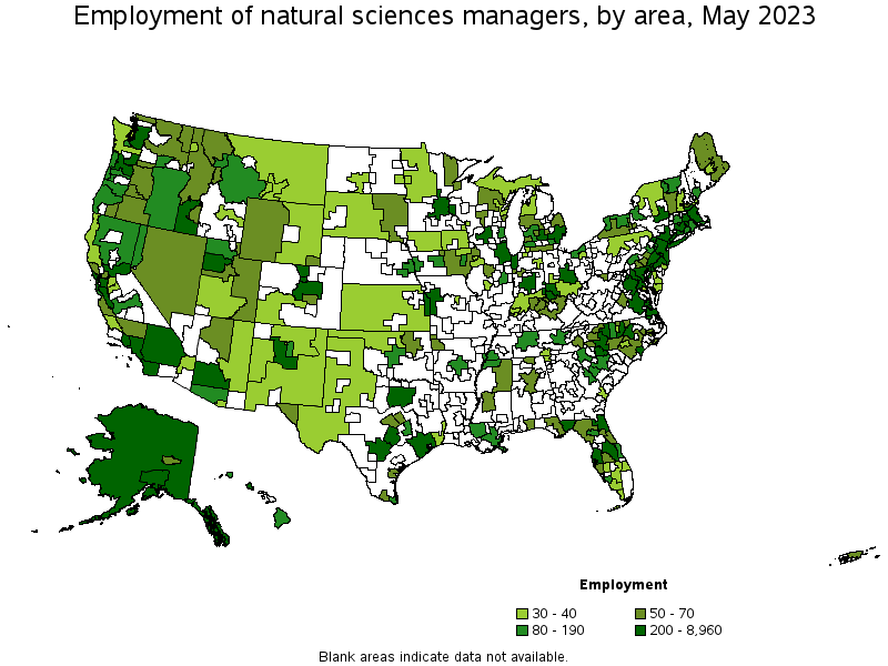 Map of employment of natural sciences managers by area, May 2021