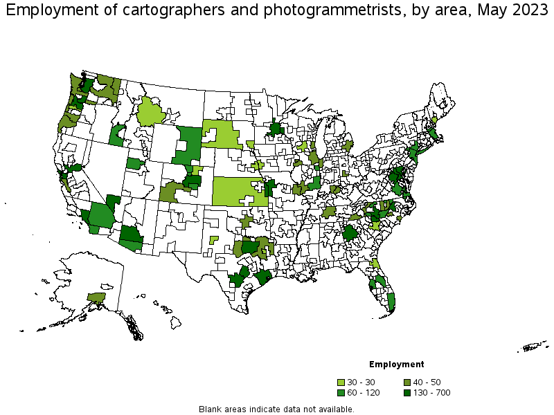 Map of employment of cartographers and photogrammetrists by area, May 2022