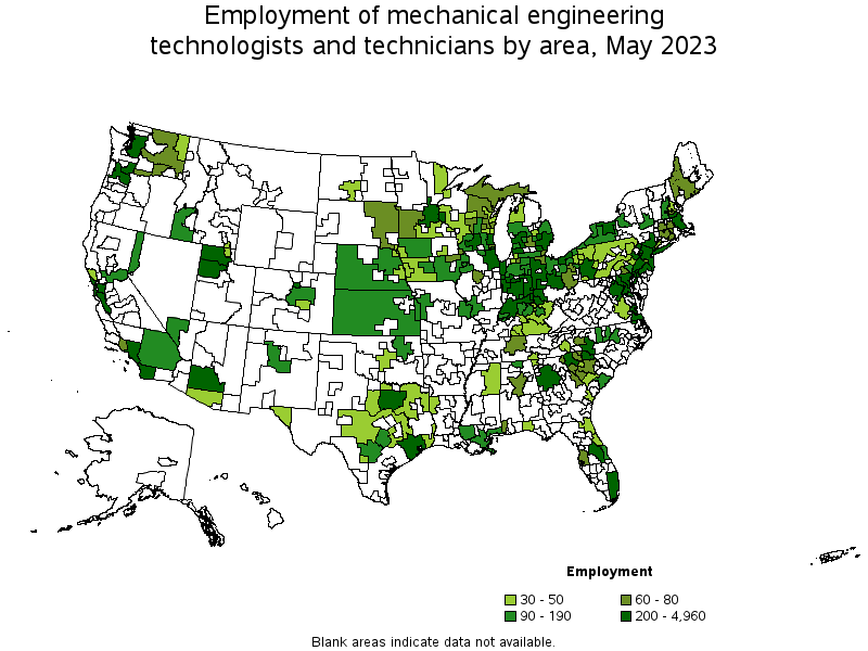 Map of employment of mechanical engineering technologists and technicians by area, May 2021