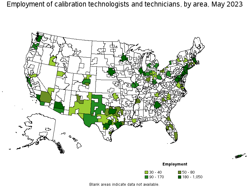 Map of employment of calibration technologists and technicians by area, May 2021