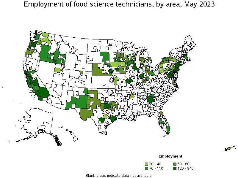 Map of employment of food science technicians by area, May 2021