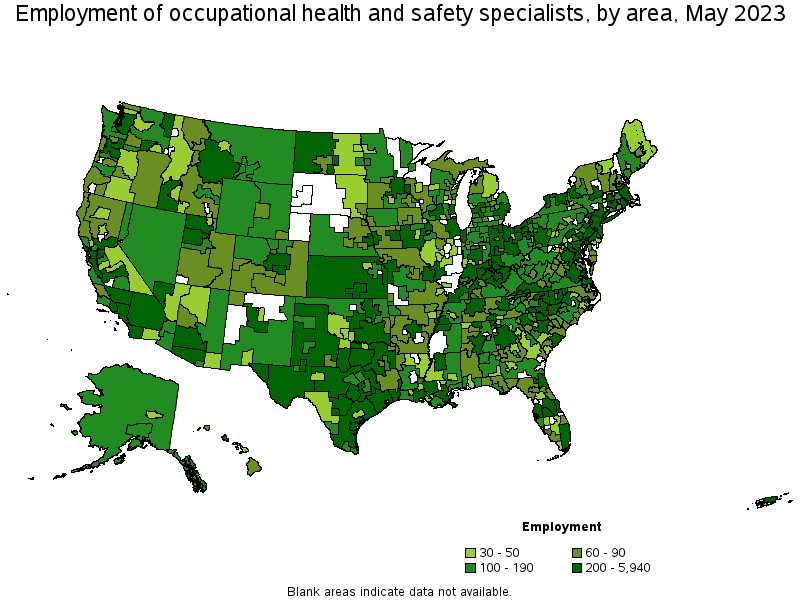 Map of employment of occupational health and safety specialists by area, May 2022