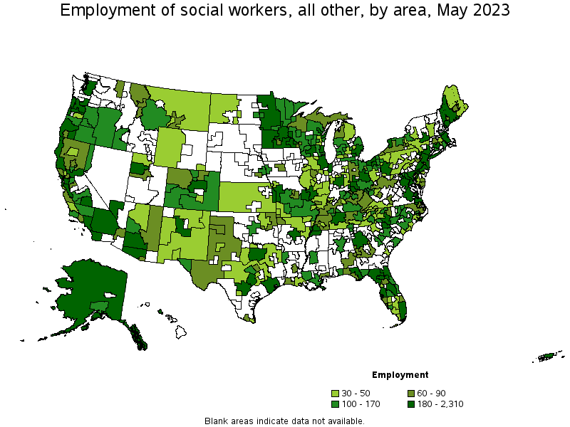 Map of employment of social workers, all other by area, May 2022