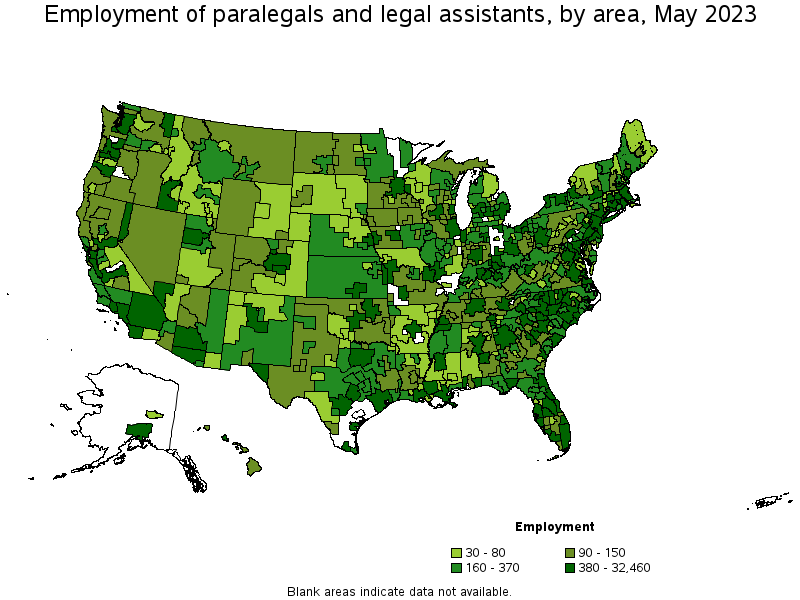 Map of employment of paralegals and legal assistants by area, May 2022