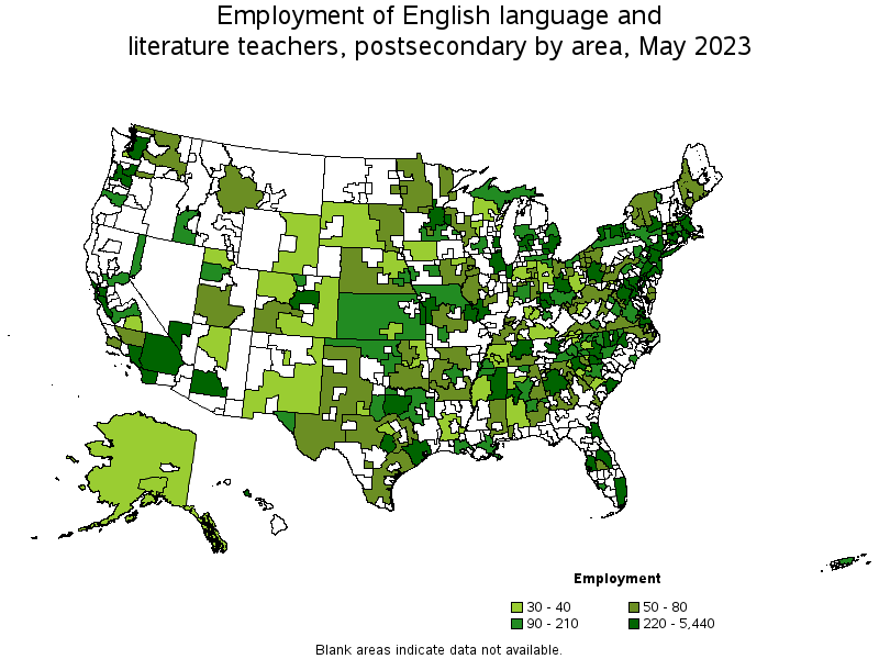 Map of employment of english language and literature teachers, postsecondary by area, May 2022