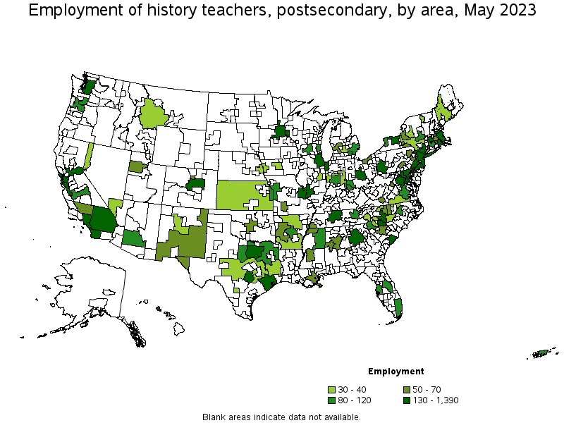 Map of employment of history teachers, postsecondary by area, May 2021