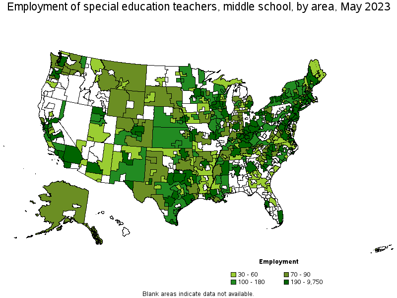 Map of employment of special education teachers, middle school by area, May 2021