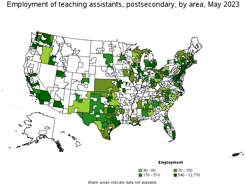 Map of employment of teaching assistants, postsecondary by area, May 2022
