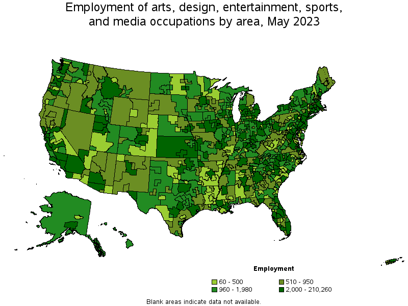Map of employment of arts, design, entertainment, sports, and media occupations by area, May 2023