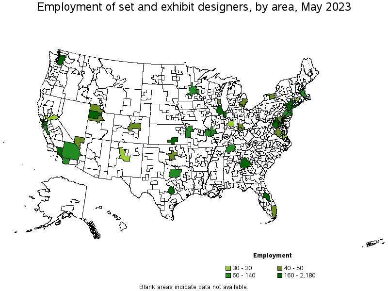 Map of employment of set and exhibit designers by area, May 2021