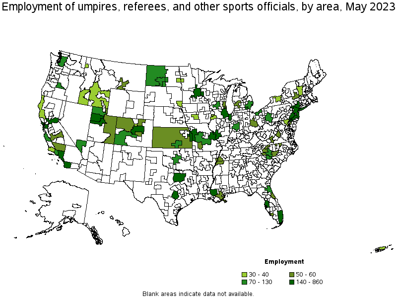 Map of employment of umpires, referees, and other sports officials by area, May 2021