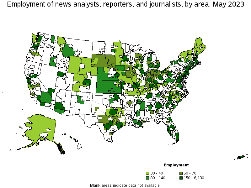 Map of employment of news analysts, reporters, and journalists by area, May 2021