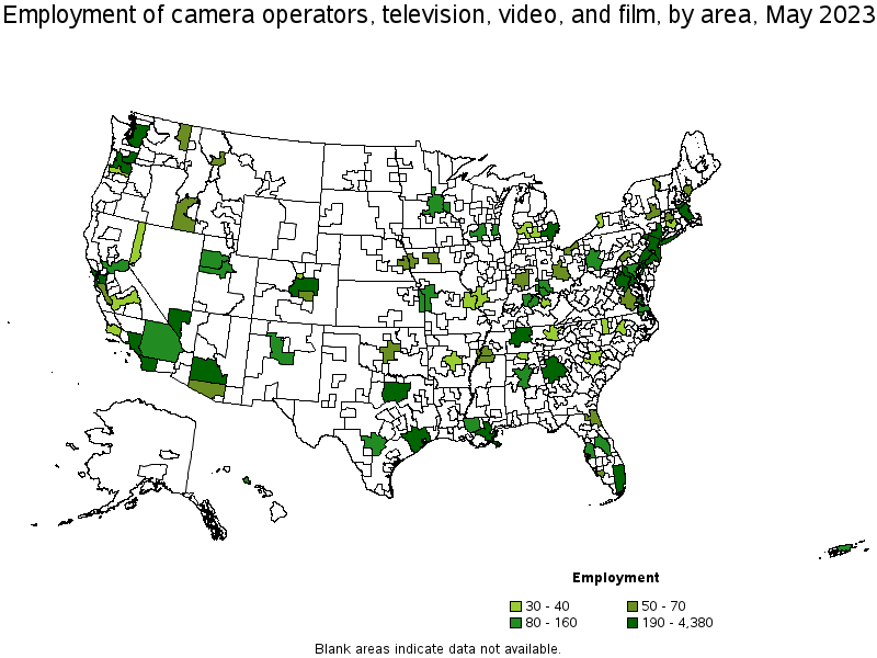 Map of employment of camera operators, television, video, and film by area, May 2021