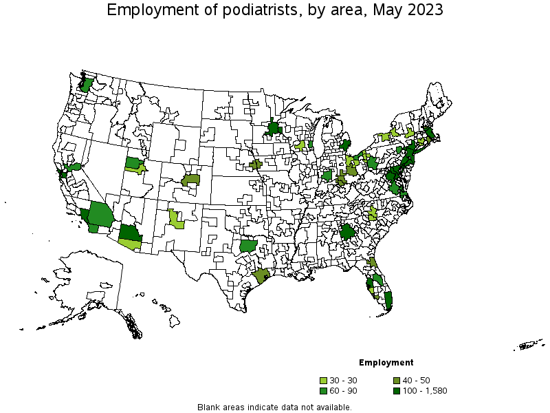 Map of employment of podiatrists by area, May 2021