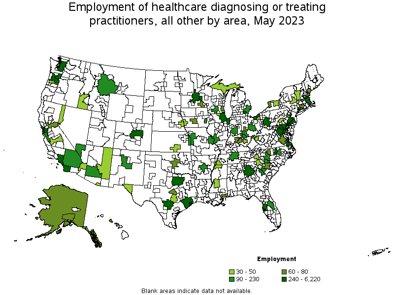Map of employment of healthcare diagnosing or treating practitioners, all other by area, May 2022