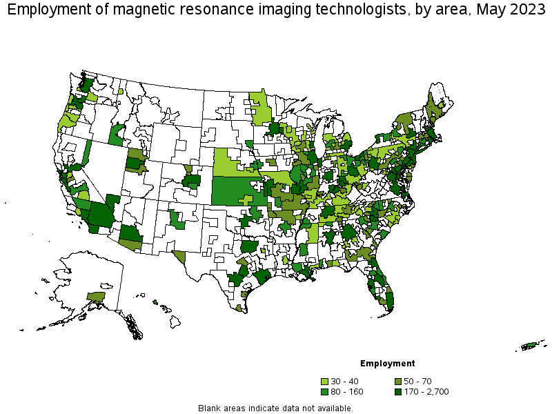 Map of employment of magnetic resonance imaging technologists by area, May 2021