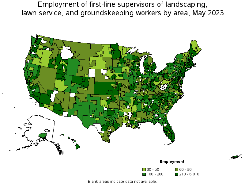 Map of employment of first-line supervisors of landscaping, lawn service, and groundskeeping workers by area, May 2021