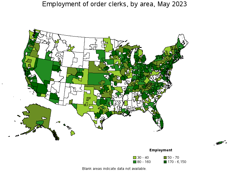 Map of employment of order clerks by area, May 2022