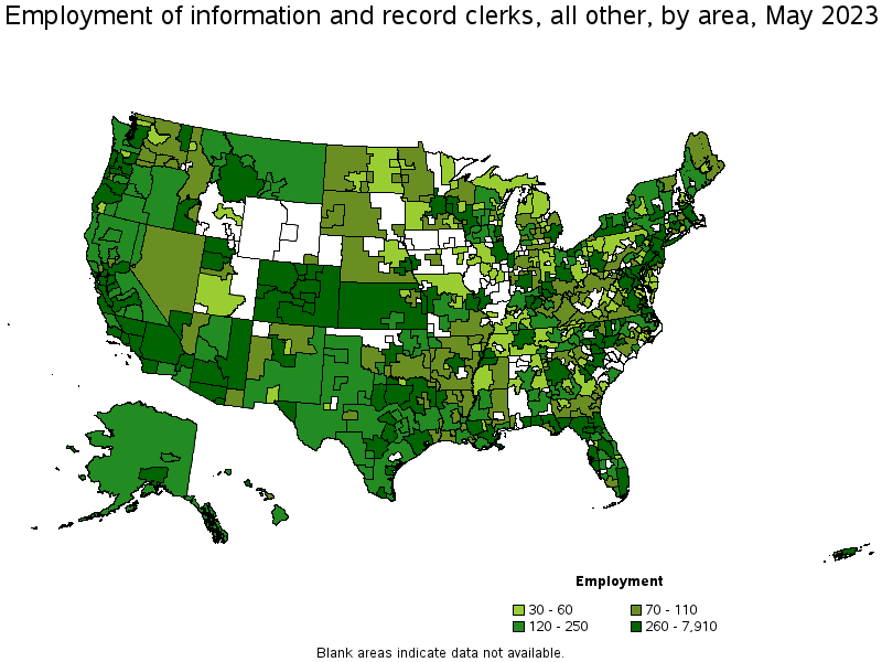 Map of employment of information and record clerks, all other by area, May 2021