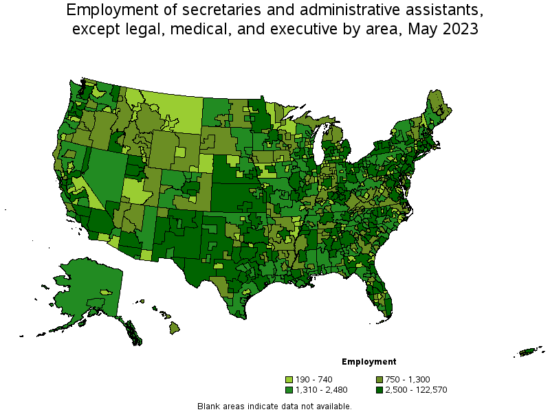 Map of employment of secretaries and administrative assistants, except legal, medical, and executive by area, May 2021