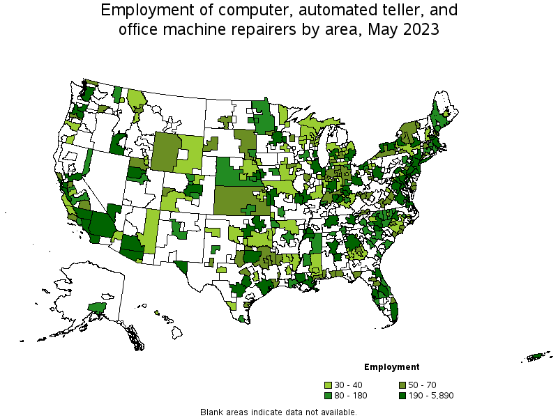 Map of employment of computer, automated teller, and office machine repairers by area, May 2021
