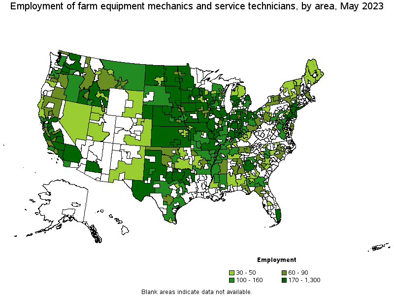 Map of employment of farm equipment mechanics and service technicians by area, May 2022