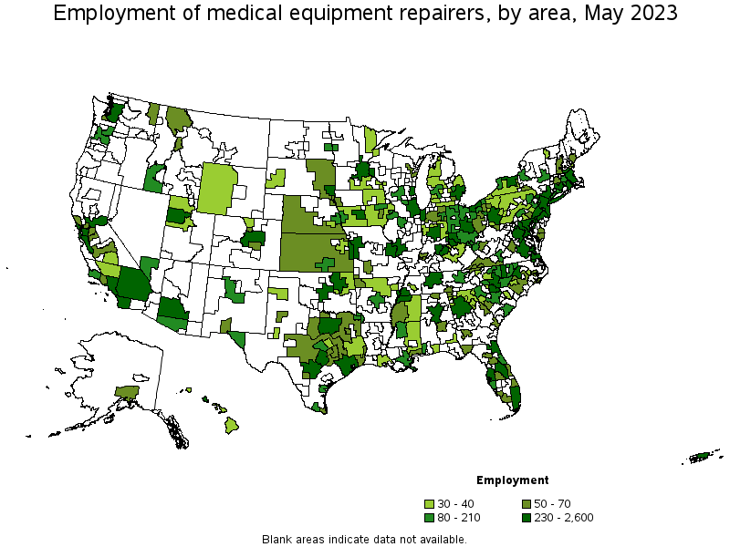 Map of employment of medical equipment repairers by area, May 2022