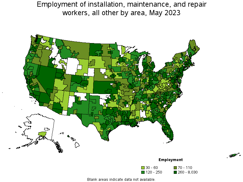 Map of employment of installation, maintenance, and repair workers, all other by area, May 2022