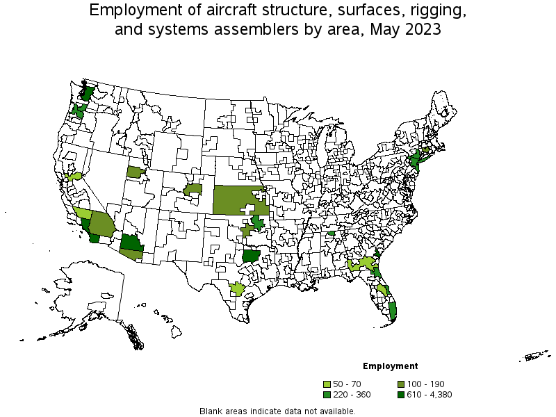 Map of employment of aircraft structure, surfaces, rigging, and systems assemblers by area, May 2021