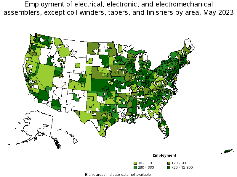 Map of employment of electrical, electronic, and electromechanical assemblers, except coil winders, tapers, and finishers by area, May 2022