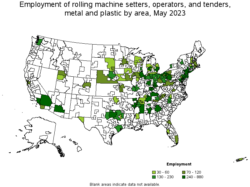 Map of employment of rolling machine setters, operators, and tenders, metal and plastic by area, May 2022