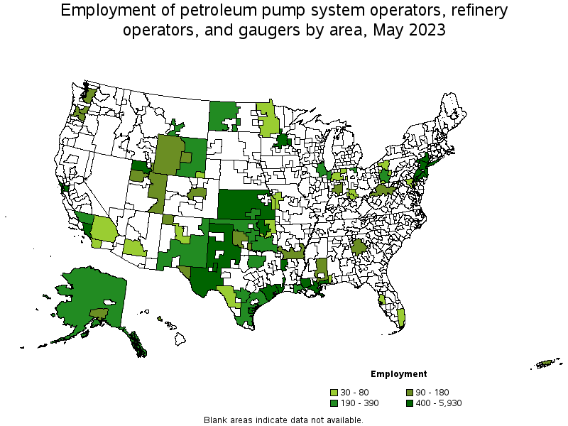 Map of employment of petroleum pump system operators, refinery operators, and gaugers by area, May 2021