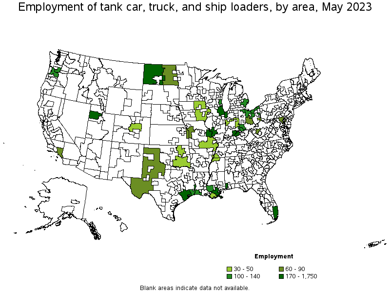 Map of employment of tank car, truck, and ship loaders by area, May 2022