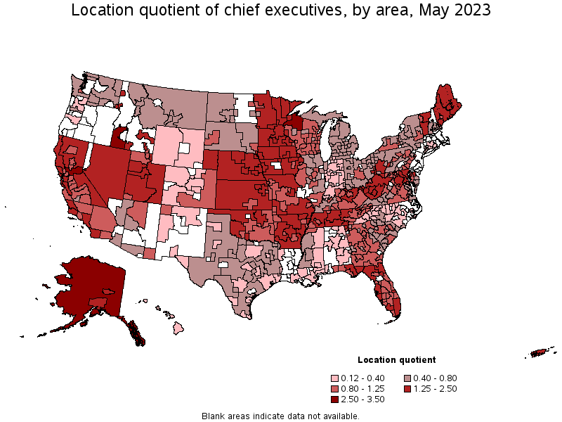 Map of location quotient of chief executives by area, May 2021