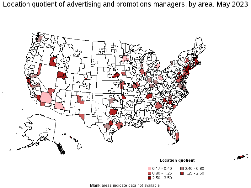 Map of location quotient of advertising and promotions managers by area, May 2022