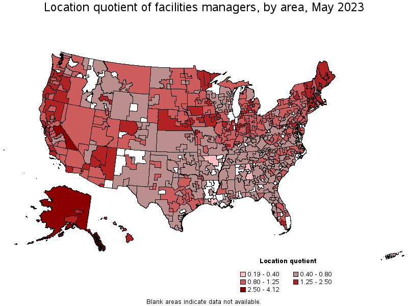 Map of location quotient of facilities managers by area, May 2022