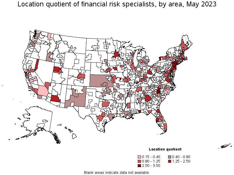 Map of location quotient of financial risk specialists by area, May 2021