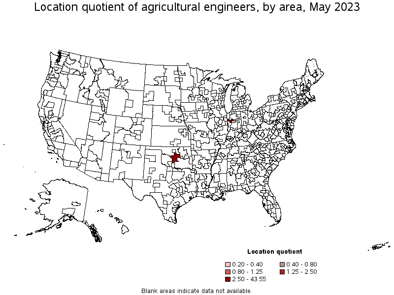 Map of location quotient of agricultural engineers by area, May 2023