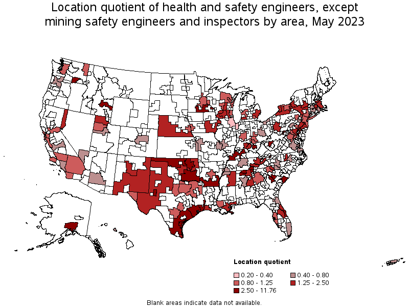 Map of location quotient of health and safety engineers, except mining safety engineers and inspectors by area, May 2022