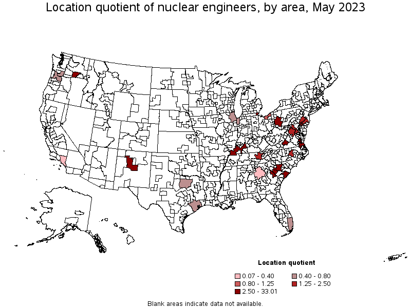 Map of location quotient of nuclear engineers by area, May 2022