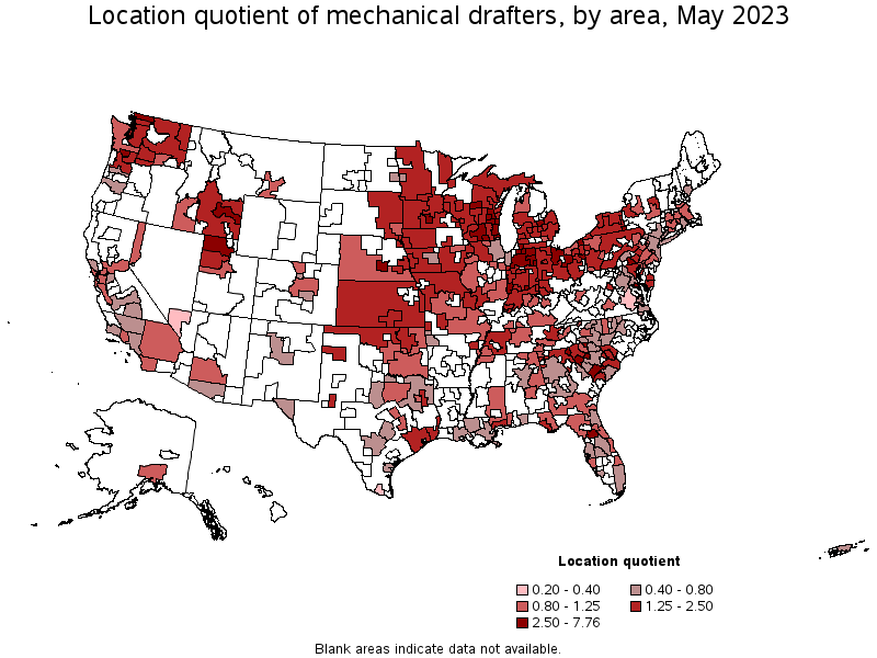 Map of location quotient of mechanical drafters by area, May 2022