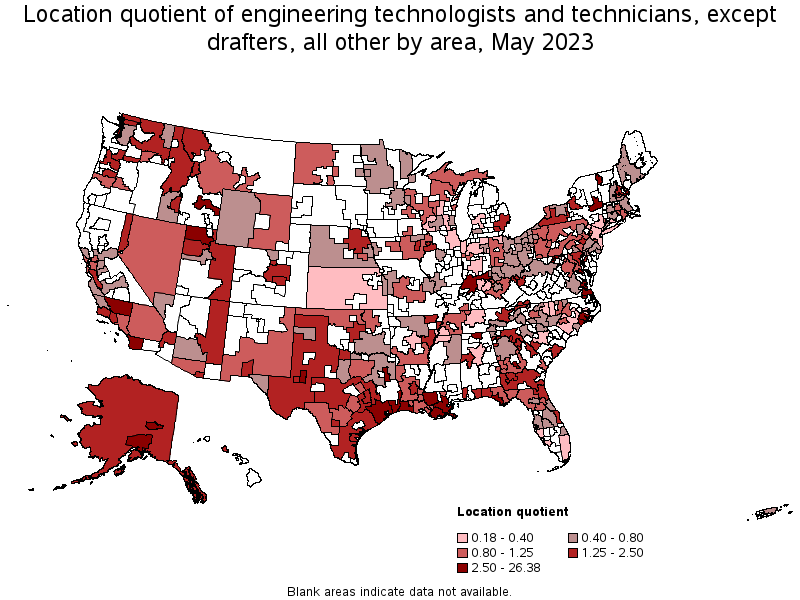 Map of location quotient of engineering technologists and technicians, except drafters, all other by area, May 2021