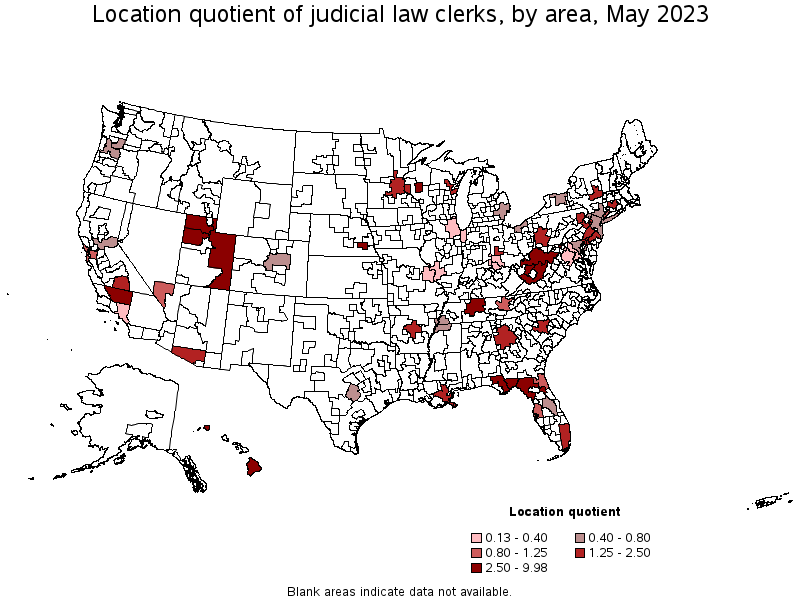 Map of location quotient of judicial law clerks by area, May 2022