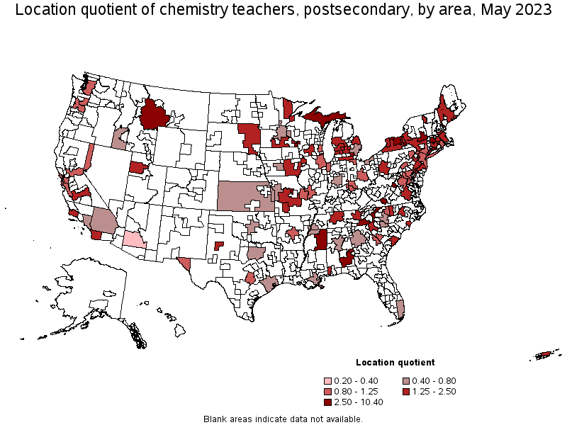 Map of location quotient of chemistry teachers, postsecondary by area, May 2022