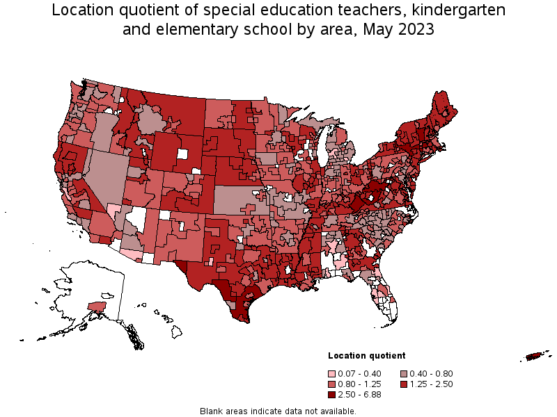 Map of location quotient of special education teachers, kindergarten and elementary school by area, May 2022