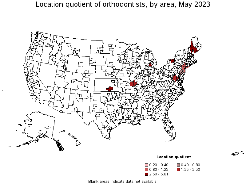 Map of location quotient of orthodontists by area, May 2021