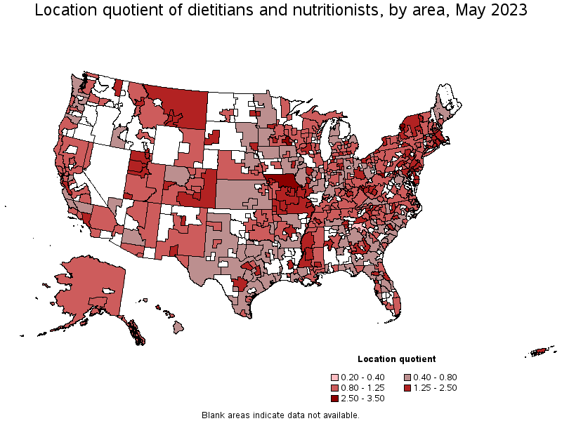 Map of location quotient of dietitians and nutritionists by area, May 2022