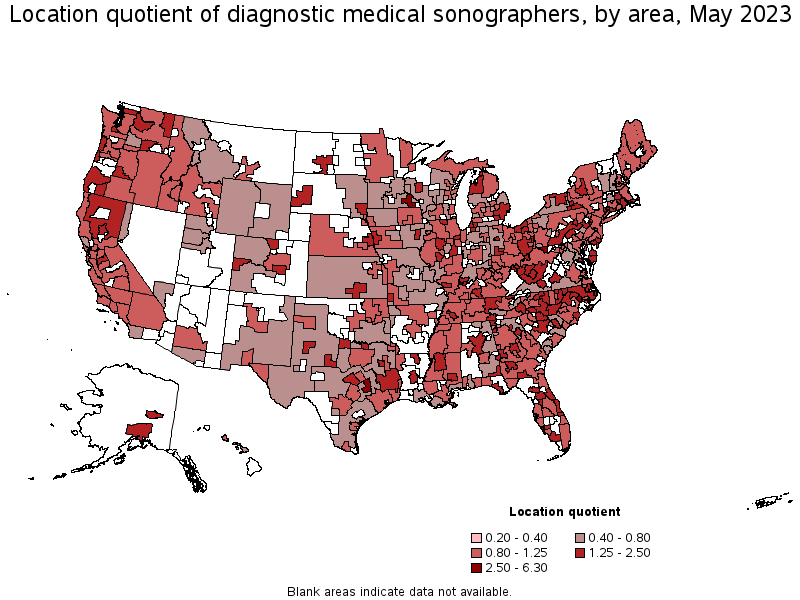 Map of location quotient of diagnostic medical sonographers by area, May 2022