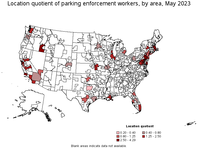 Map of location quotient of parking enforcement workers by area, May 2022
